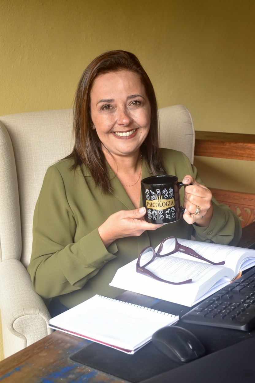 Profa. Luciana Andrade segurando a caneca Psicologia — representa o método Desatar de acolhimento e rigor